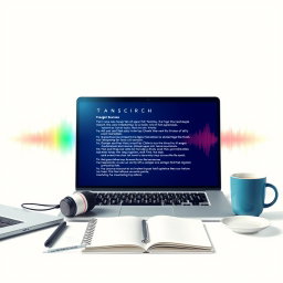 An artistic representation of an audio transcription service, featuring a sleek digital interface displaying transcribed text