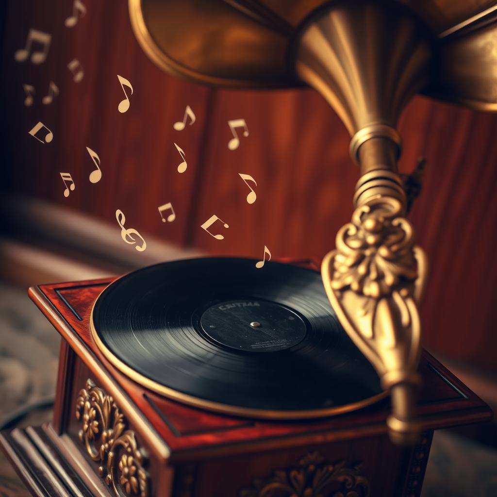 A close-up of an antique gramophone playing vinyl records, with soft musical notes swirling around it in a dreamy, ethereal manner