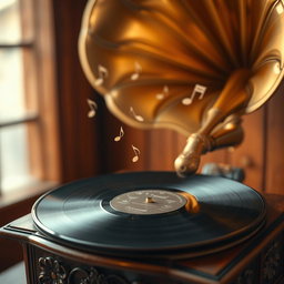 A close-up of an antique gramophone playing vinyl records, with soft musical notes swirling around it in a dreamy, ethereal manner
