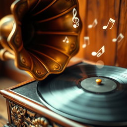 A close-up of an antique gramophone playing vinyl records, with soft musical notes swirling around it in a dreamy, ethereal manner