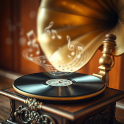 A close-up of an antique gramophone playing vinyl records, with soft musical notes swirling around it in a dreamy, ethereal manner