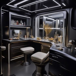 Design a luxurious celebrity vanity van equipped with all the necessary amenities that a star might need on a film set. The layout should be lavish yet practical.