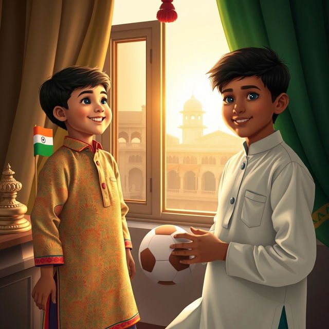 The scene captures two boys, Ali and Ayaan, representing the cultural vibrancy and friendship between India and Bangladesh