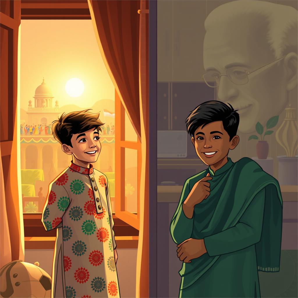 The scene captures two boys, Ali and Ayaan, representing the cultural vibrancy and friendship between India and Bangladesh