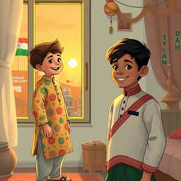 The scene captures two boys, Ali and Ayaan, representing the cultural vibrancy and friendship between India and Bangladesh