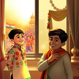 The scene captures two boys, Ali and Ayaan, representing the cultural vibrancy and friendship between India and Bangladesh