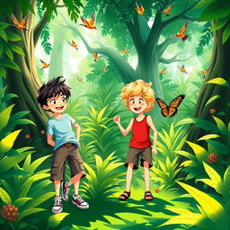 A vibrant jungle scene depicting two adventurous boys exploring the lush greenery