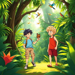 A vibrant jungle scene depicting two adventurous boys exploring the lush greenery