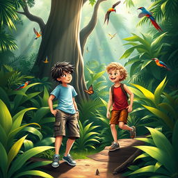 A vibrant jungle scene depicting two adventurous boys exploring the lush greenery