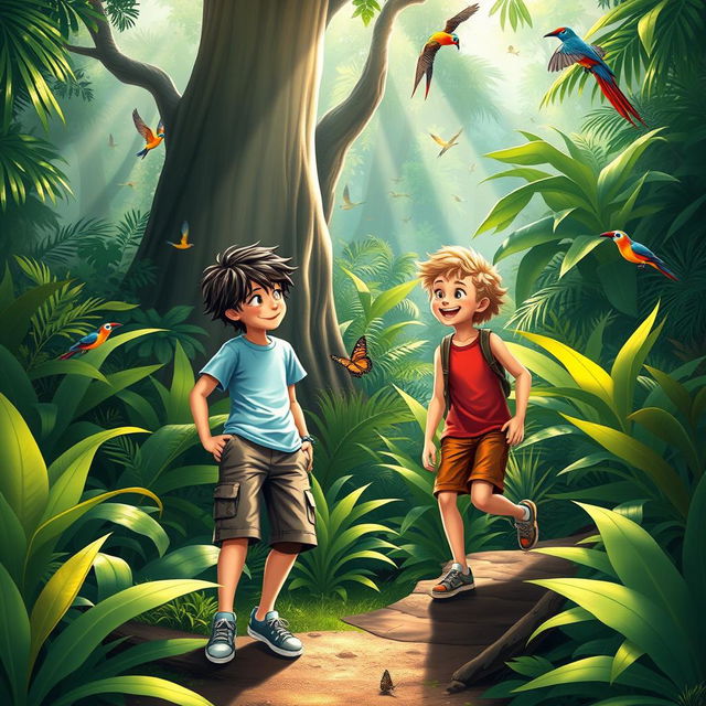 A vibrant jungle scene depicting two adventurous boys exploring the lush greenery