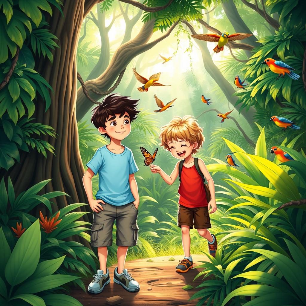 A vibrant jungle scene depicting two adventurous boys exploring the lush greenery