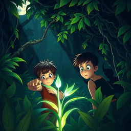 Two adventurous boys exploring a dark, lush jungle, surrounded by towering trees with vibrant green leaves and thick vines