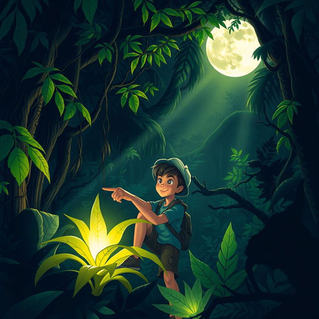 Two adventurous boys exploring a dark, lush jungle, surrounded by towering trees with vibrant green leaves and thick vines