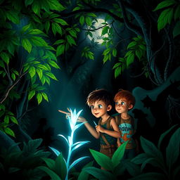 Two adventurous boys exploring a dark, lush jungle, surrounded by towering trees with vibrant green leaves and thick vines
