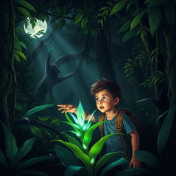 Two adventurous boys exploring a dark, lush jungle, surrounded by towering trees with vibrant green leaves and thick vines