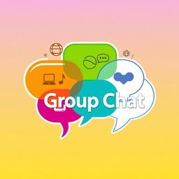 A vibrant and engaging logo for a group chat, featuring colorful speech bubbles overlapping to convey conversation and interaction