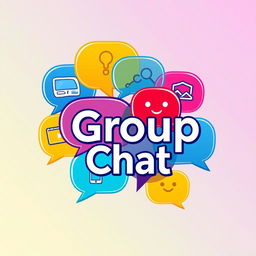 A vibrant and engaging logo for a group chat, featuring colorful speech bubbles overlapping to convey conversation and interaction
