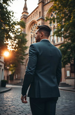 A handsome man with an athletic build, dressed in a stylish tailored suit, walking confidently near a historic church