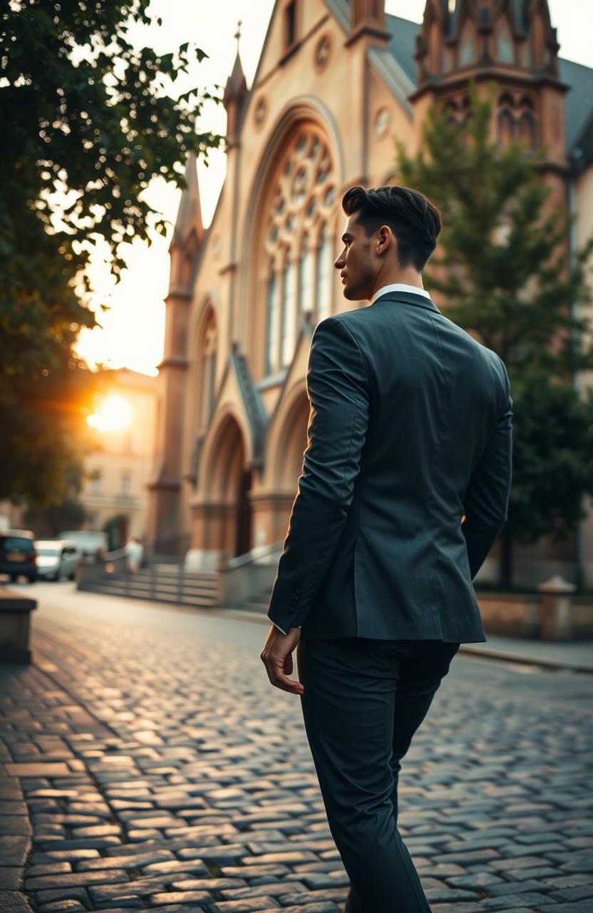 A handsome man with an athletic build, dressed in a stylish tailored suit, walking confidently near a historic church