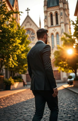 A handsome man with an athletic build, dressed in a stylish tailored suit, walking confidently near a historic church