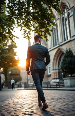 A handsome man with an athletic build, dressed in a stylish tailored suit, walking confidently near a historic church