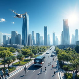 A futuristic, smart city with flying cars and intelligent robots assisting humans on the streets