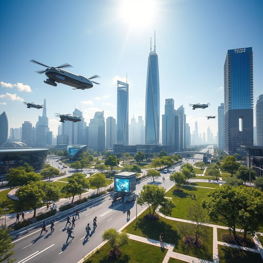 A futuristic, smart city with flying cars and intelligent robots assisting humans on the streets