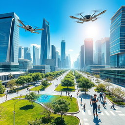 A futuristic, smart city with flying cars and intelligent robots assisting humans on the streets