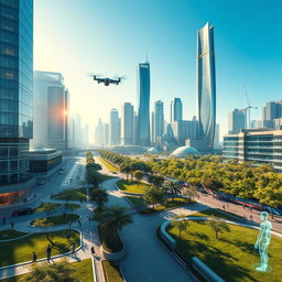 A futuristic, smart city with flying cars and intelligent robots assisting humans on the streets