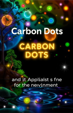A book cover design titled "Carbon Dots and Its Applications for the Environment" featuring a vibrant, abstract background with carbon dots illustrated as glowing, colorful orbs