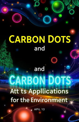 A book cover design titled "Carbon Dots and Its Applications for the Environment" featuring a vibrant, abstract background with carbon dots illustrated as glowing, colorful orbs