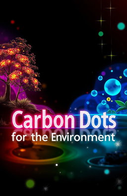 A book cover design titled "Carbon Dots and Its Applications for the Environment" featuring a vibrant, abstract background with carbon dots illustrated as glowing, colorful orbs