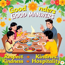 A colorful poster illustrating the theme of Filipino good manners, featuring traditional Filipino hospitality
