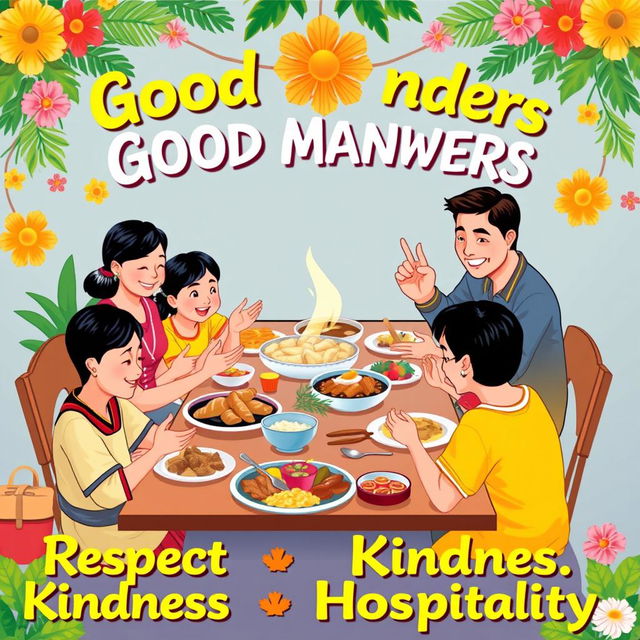 A colorful poster illustrating the theme of Filipino good manners, featuring traditional Filipino hospitality