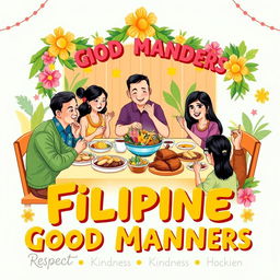 A colorful poster illustrating the theme of Filipino good manners, featuring traditional Filipino hospitality