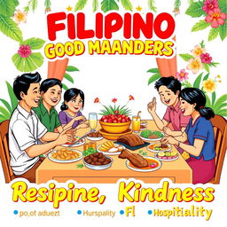 A colorful poster illustrating the theme of Filipino good manners, featuring traditional Filipino hospitality