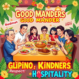 A colorful poster illustrating the theme of Filipino good manners, featuring traditional Filipino hospitality