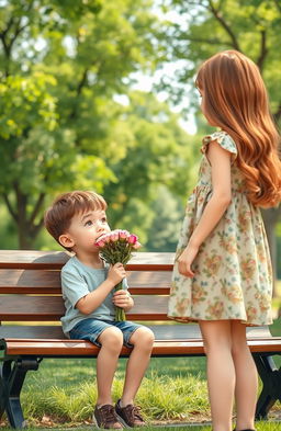 A heartfelt scene depicting a young boy sitting on a park bench, nervously holding a bouquet of flowers, looking up at a girl standing in front of him with an expression of gentle rejection