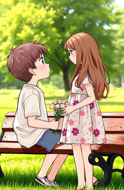 A heartfelt scene depicting a young boy sitting on a park bench, nervously holding a bouquet of flowers, looking up at a girl standing in front of him with an expression of gentle rejection