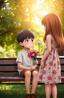 A heartfelt scene depicting a young boy sitting on a park bench, nervously holding a bouquet of flowers, looking up at a girl standing in front of him with an expression of gentle rejection