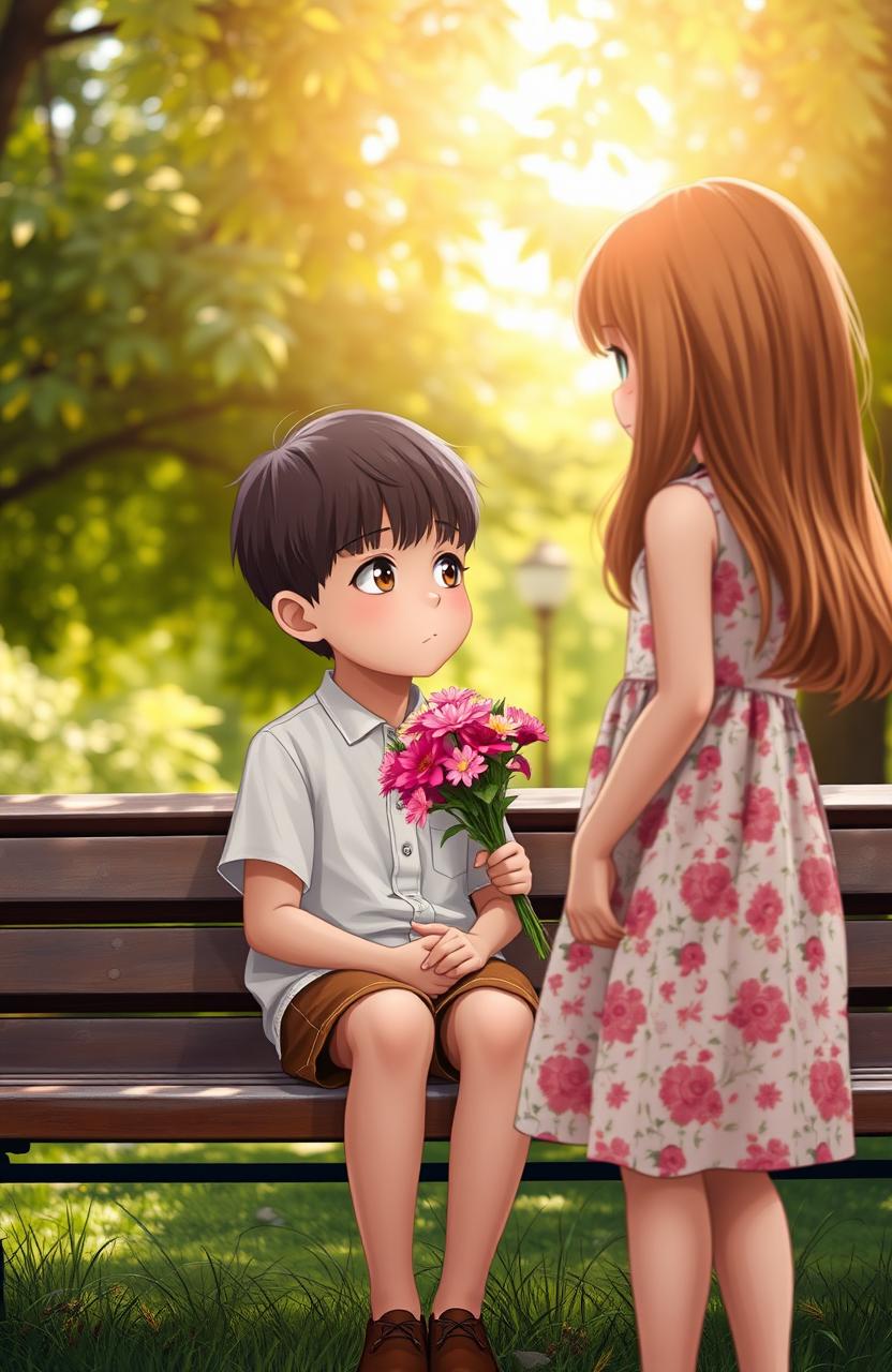 A heartfelt scene depicting a young boy sitting on a park bench, nervously holding a bouquet of flowers, looking up at a girl standing in front of him with an expression of gentle rejection