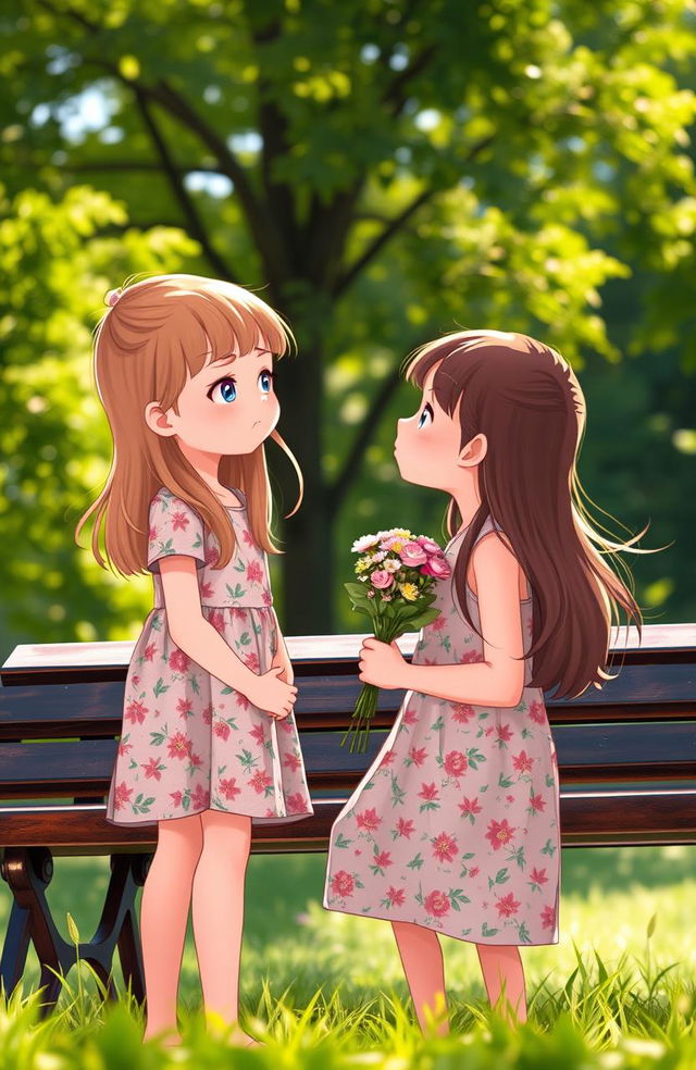 A heartfelt scene depicting a young boy sitting on a park bench, nervously holding a bouquet of flowers, looking up at a girl standing in front of him with an expression of gentle rejection