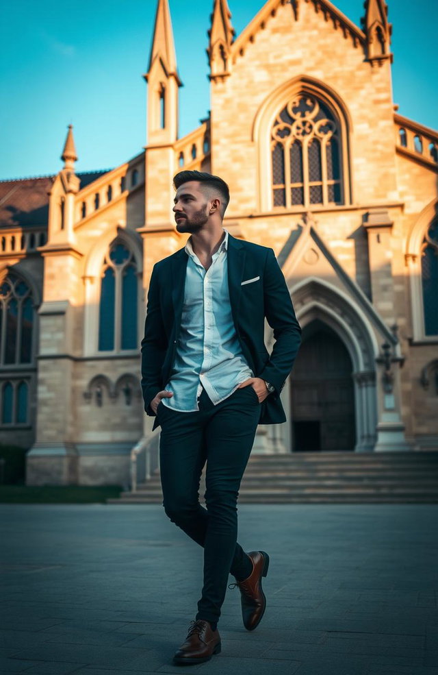 A handsome man walking near a beautiful, historic church, with an emphasis on the man's silhouette and body language rather than his facial features