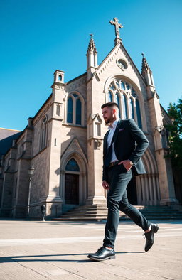 A handsome man walking near a beautiful, historic church, with an emphasis on the man's silhouette and body language rather than his facial features
