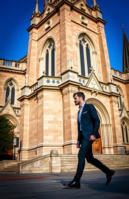 A handsome man walking near a beautiful, historic church, with an emphasis on the man's silhouette and body language rather than his facial features