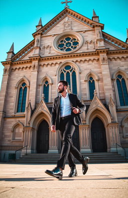 A handsome man walking near a beautiful, historic church, with an emphasis on the man's silhouette and body language rather than his facial features