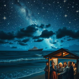 A surreal and captivating nighttime seashore scene, featuring a brilliantly starry sky filled with shimmering stars that seem almost within reach