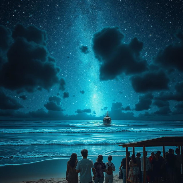 A surreal and captivating nighttime seashore scene, featuring a brilliantly starry sky filled with shimmering stars that seem almost within reach