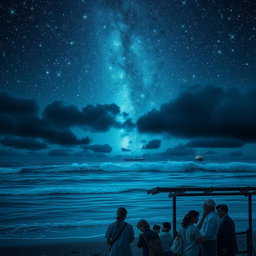 A surreal and captivating nighttime seashore scene, featuring a brilliantly starry sky filled with shimmering stars that seem almost within reach
