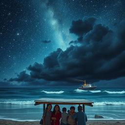 A surreal and captivating nighttime seashore scene, featuring a brilliantly starry sky filled with shimmering stars that seem almost within reach